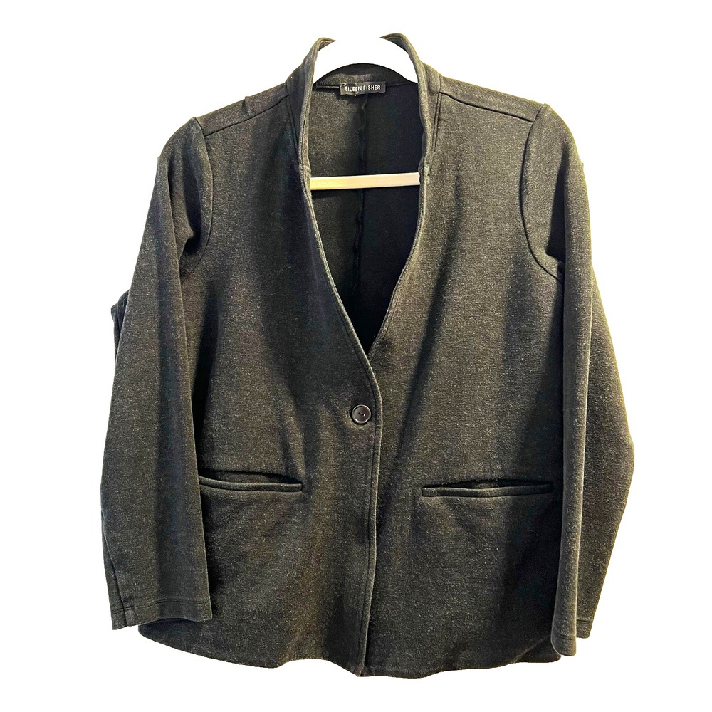 Eileen Fisher Womens Medium Dark Gray Casual Blazer Button Front Pockets 38”x23”